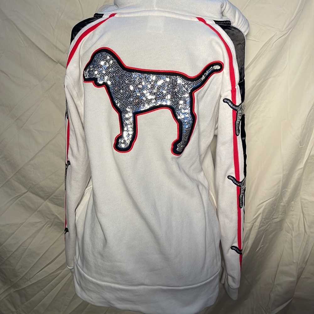 Victoria’s Secret PINK White with Black Stripe and Silver Sequin Dog Pullover